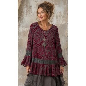 IC Collection Connie K Red Black Tunic Top Velvet Burnout  Whimsigoth Boho L USA